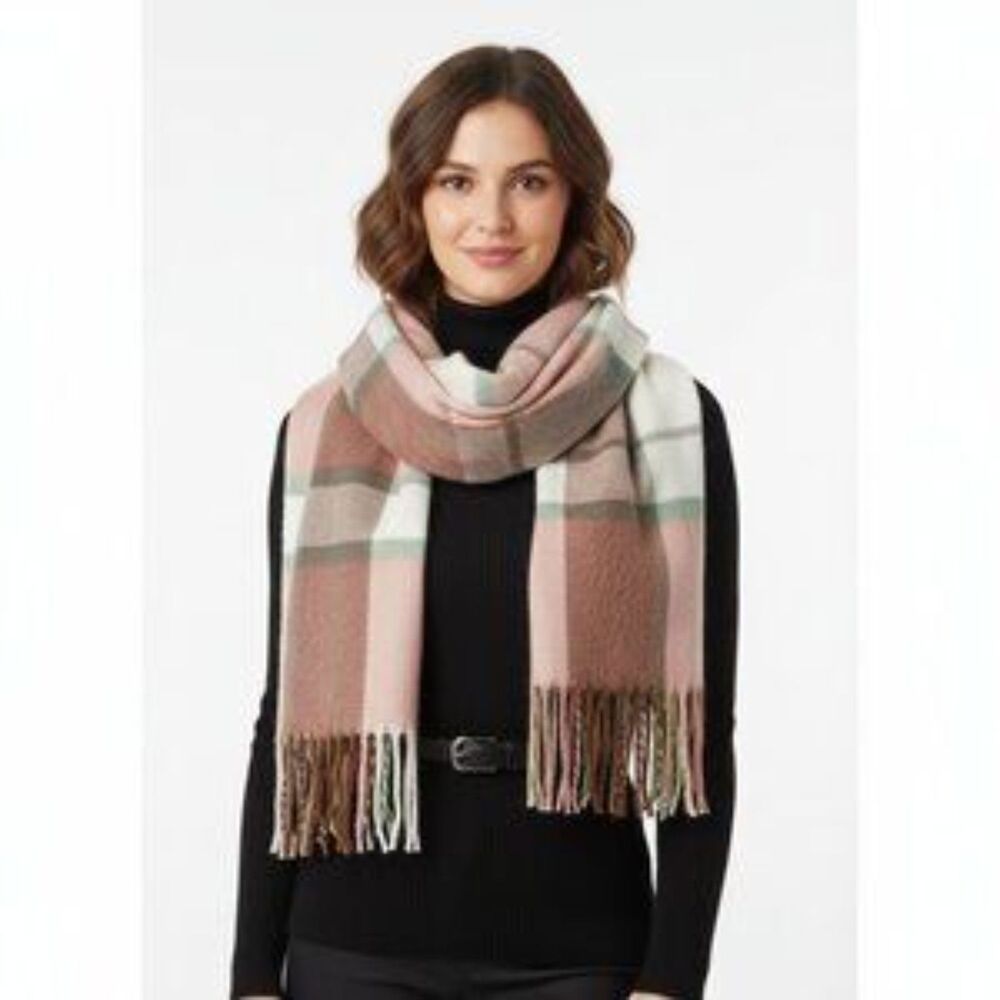 Apt 9 White & Tan Plaid Gingham Rectangular Tassel Trim Soft Scarf